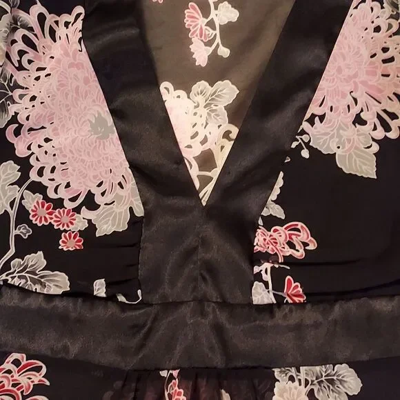 Twenty One Black & Pink Floral 3/4 Sleeve Tie Back V-Neck Kimono Blouse Size S - Picture 6 of 10